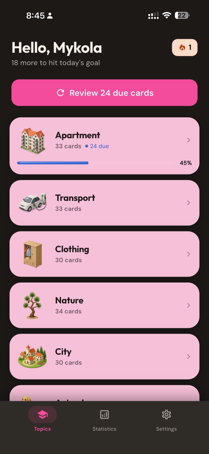 LerneQ home screen with a personal greeting, a review button, and colorful topic cards like Apartment, Transport and Nature