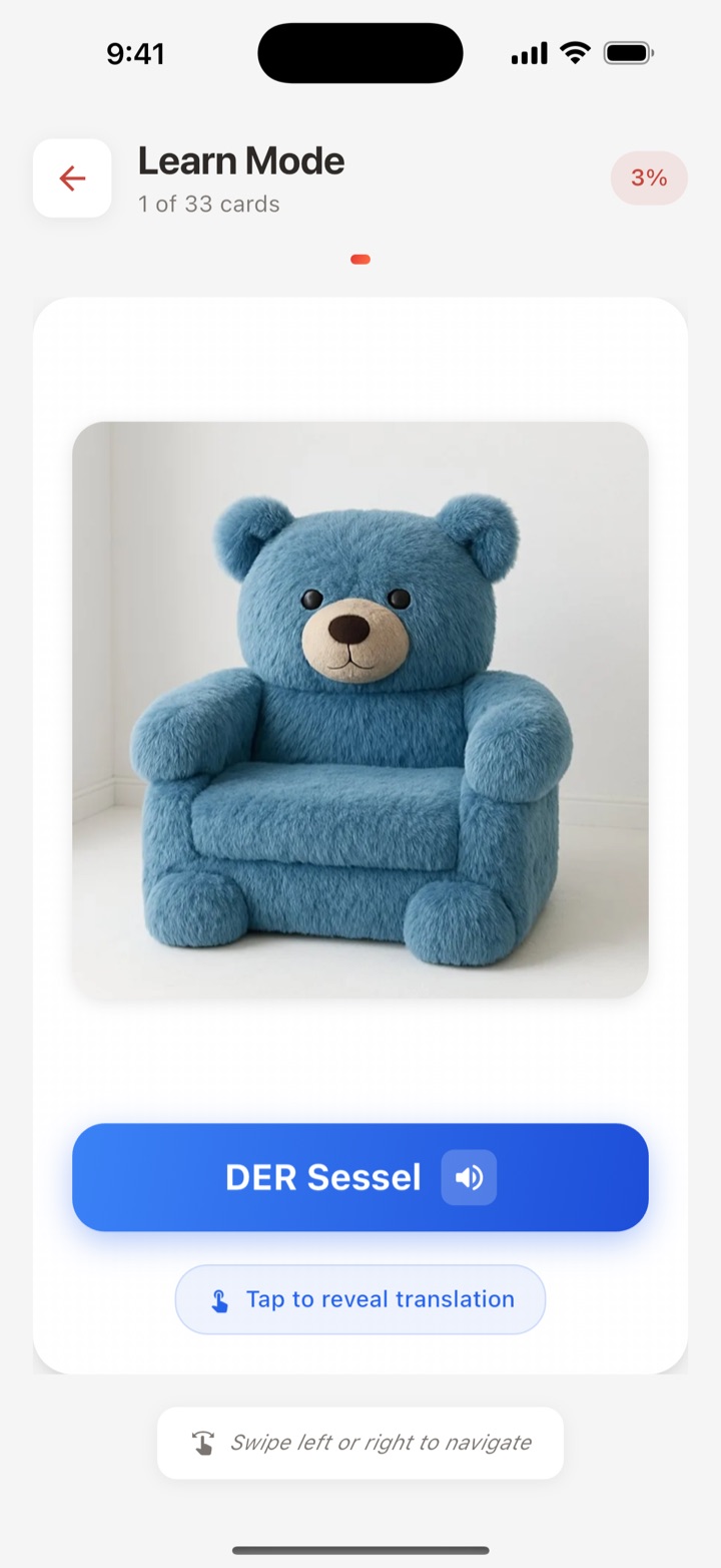 LerneQ learn screen showing the German word der Sessel with a blue card and a photo