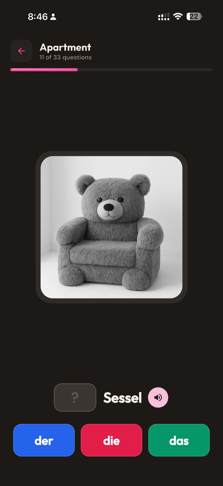 LerneQ quiz: a chair shown in gray with the word Sessel and three colored buttons, der die das, to choose from